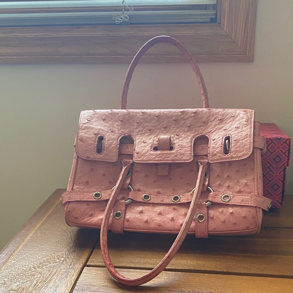 Pink Ostrich-Skin leather.   Handbag - Women Bags.. W;10in. H: 7in. Handle:7in